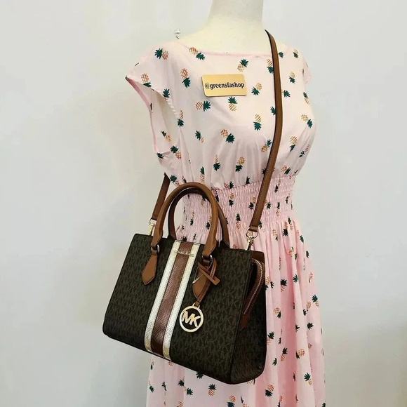 Michael Kors Purse Medium Sheila Signature Logo and Metallic Satchel Brown - Picture 10 of 10